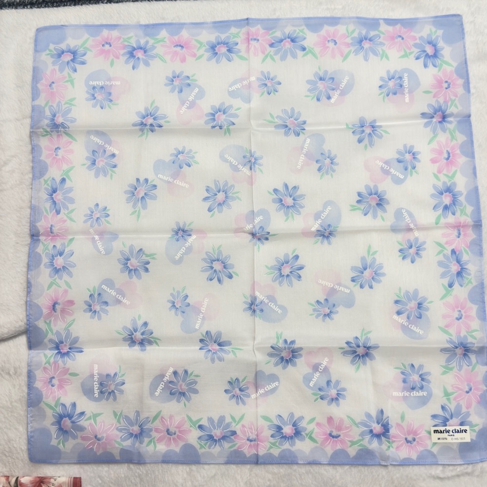 Floral Blue and Pink Scarf/ Handkerchief Cotton 18/18 inches - Picture 7 of 7